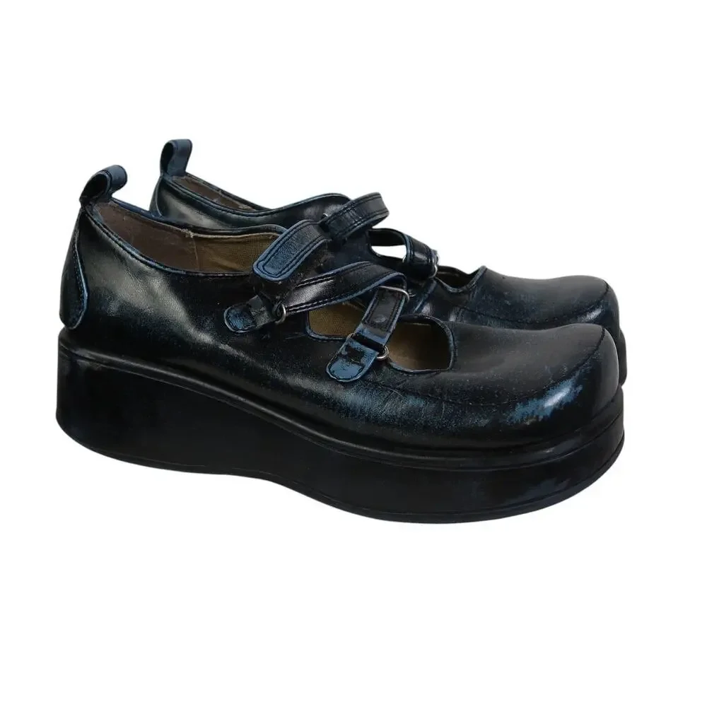 Vintage 90s Report Black Blue Mary-Jane Chunky Platform Shoes 9